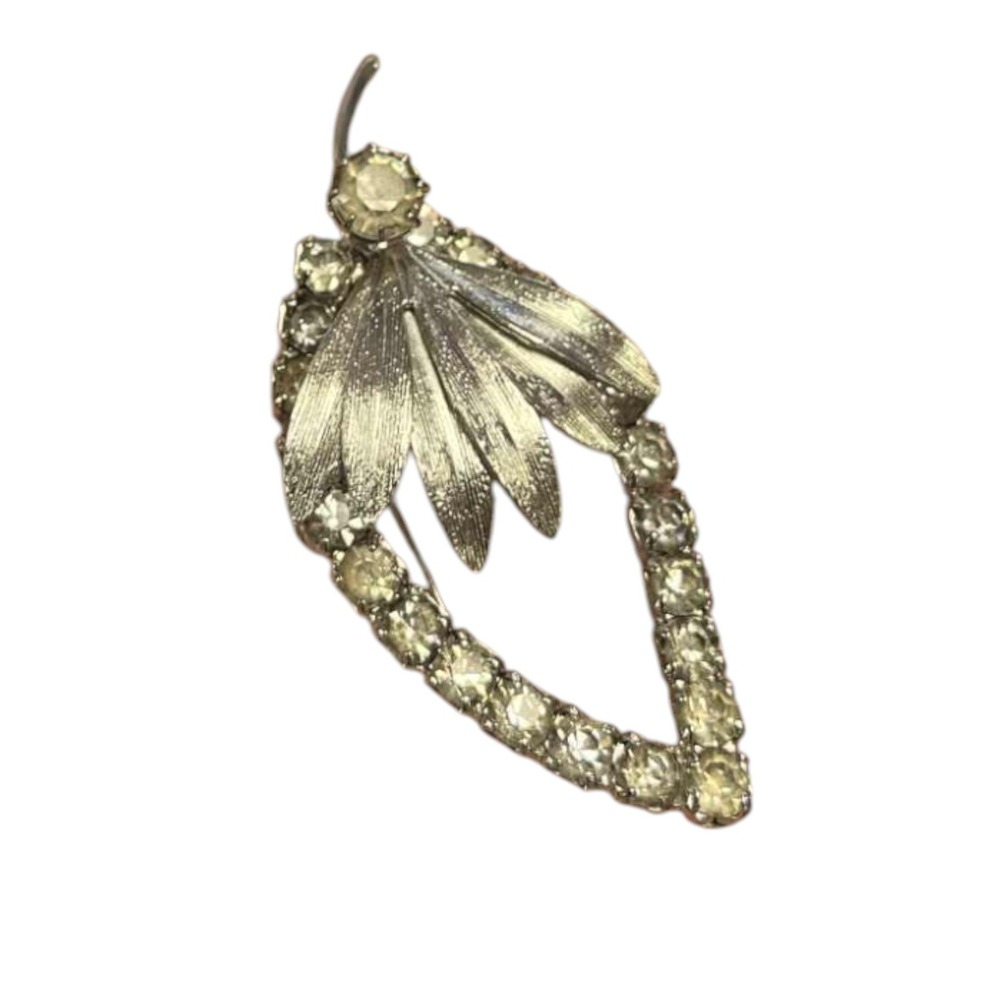 Vintage Leaf Flower Rhinestone Silvertone Brooch Pin